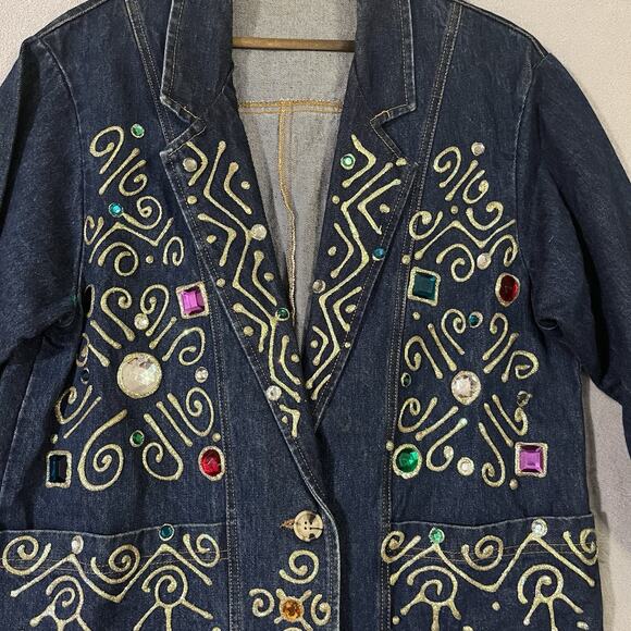 Vtg Embellished Denim Long Duster Jacket Gaudy Bejeweled Coat Women M* Heavy - Picture 5 of 12